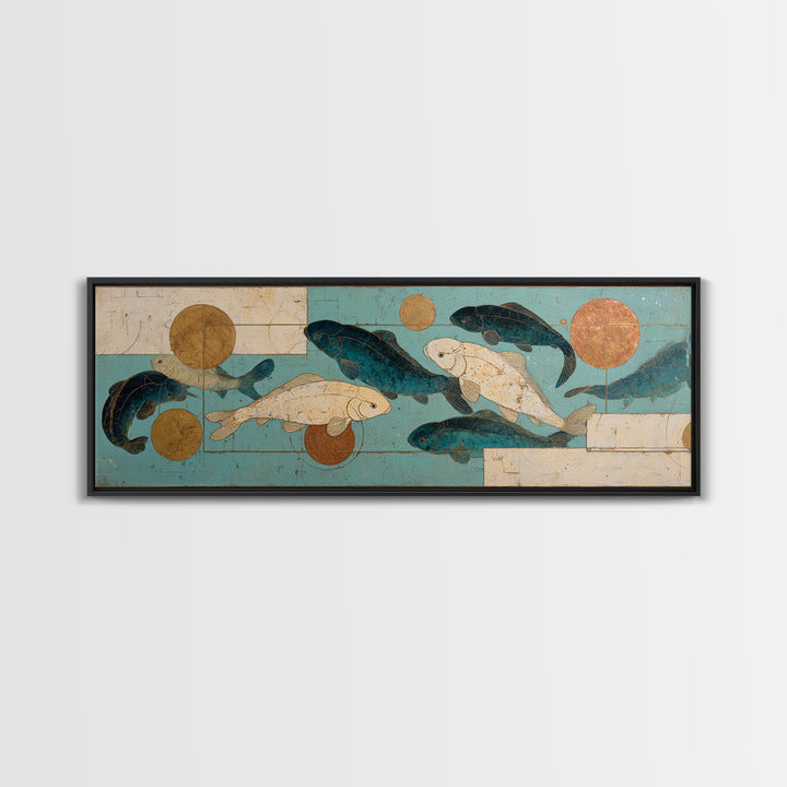 Teal Koi Fish on Tonal Water Framed Canvas Print, Monochrome Art, Digital Wall Art, Living Room Decor, Fine Art, Mono, MON-3x1-9