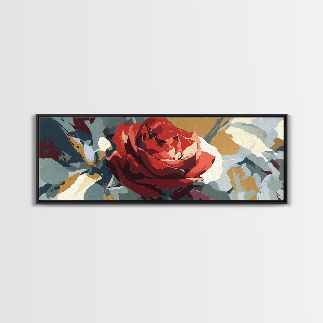 Single Red Rose Rendered Only Canvas Print, Monochrome Art, Textured Painting, Living Room Decor, Oil Painting, Mono, MON-3x1-95