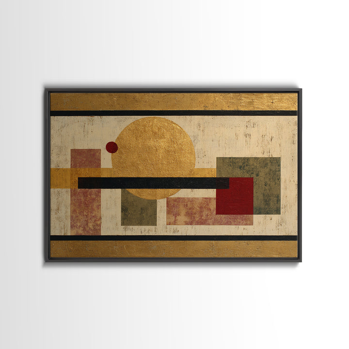 Gold Tonal Sunburst Medallion Framed Canvas Print, Monochrome Art, Mid Century Modern, Living Room Decor, Fine Art, Mono, MON-3x2-18