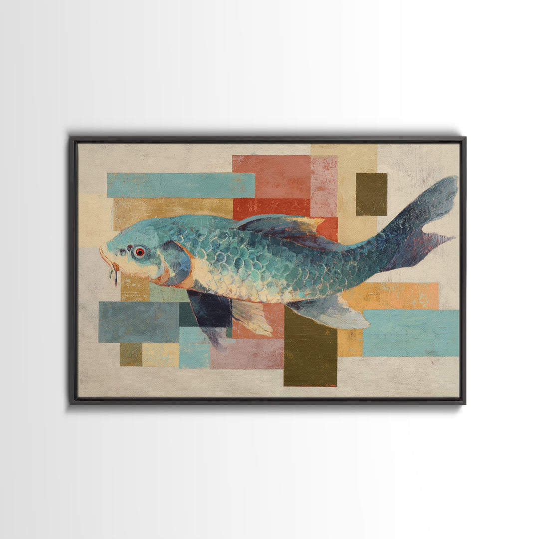 Teal Koi Fish on Tonal Water Canvas Print, Monochrome Art, Printable Art, Living Room Decor, Mono, Minimalist Wall Art, MON-3x2-21