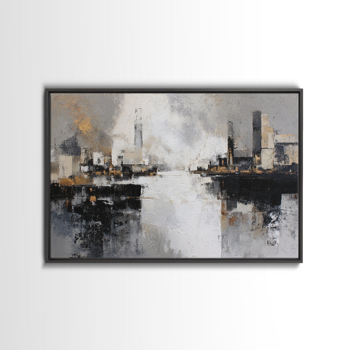 Black and White City Reflection Framed Canvas Print, Monochrome Art, Living Room Decor, Abstract Art, Mono, Gallery Decor, MON-3x2-25