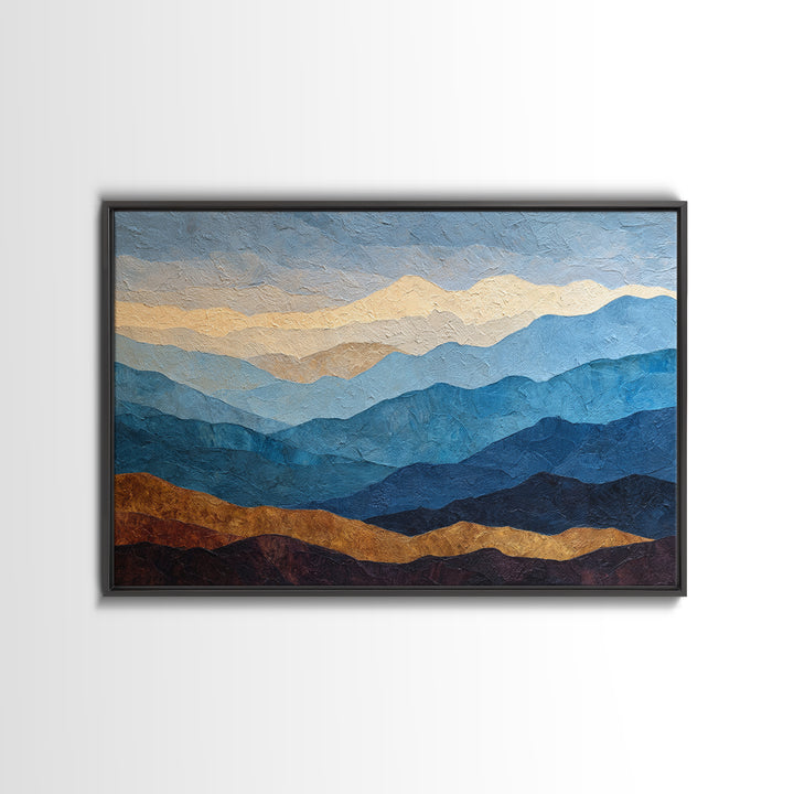 Blue Mountain Ridge Layers Framed Canvas Print, Monochrome Art, Large Wall Art, Living Room Decor, Watercolor Art, Mono, MON-3x2-28