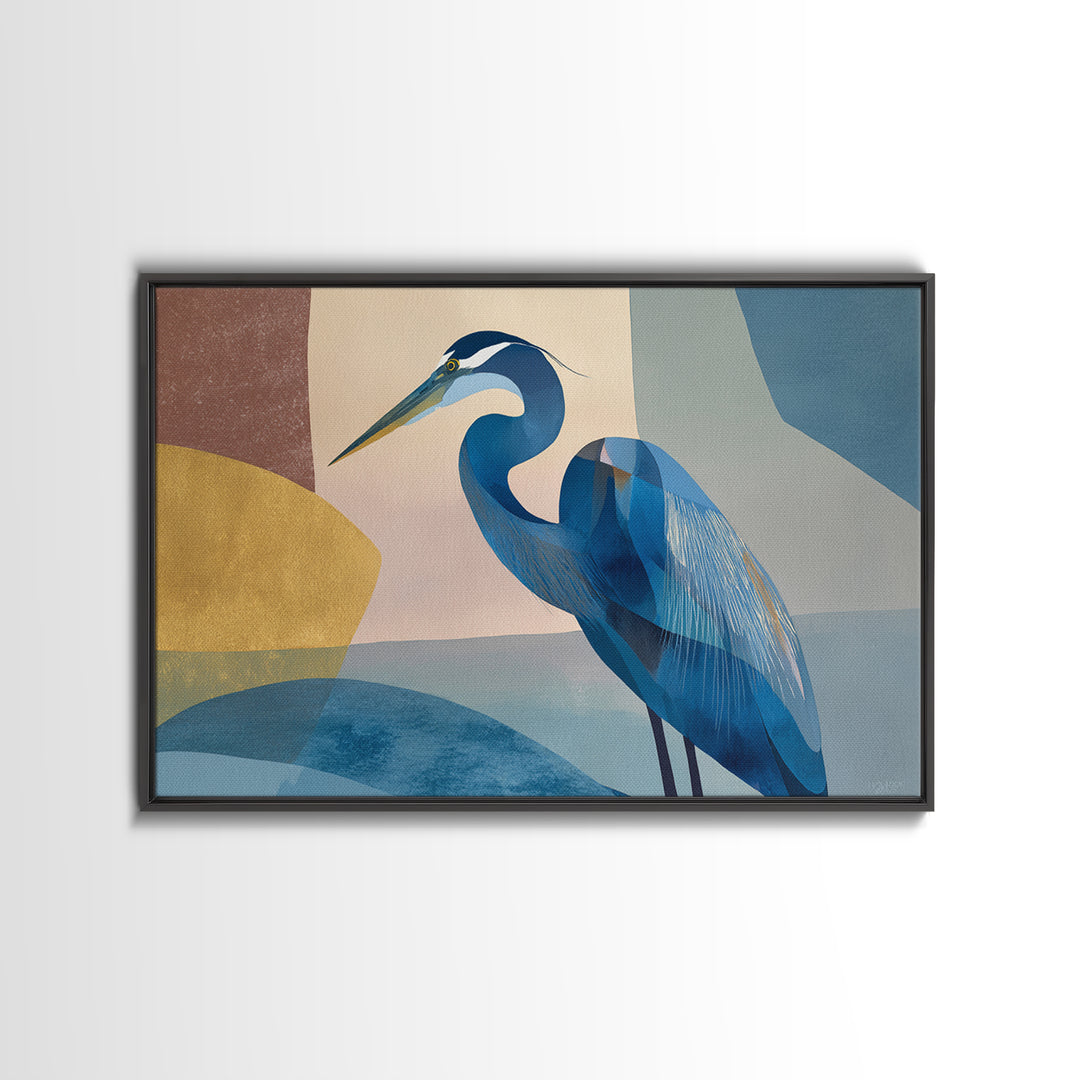 Blue Heron in Monochrome Navy Palette Framed Canvas Print, Monochrome Art, Living Room Decor, Fine Art, Mono, Gallery Decor, MON-3x2-36