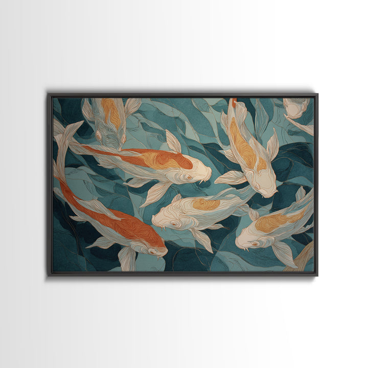 Teal Koi Fish on Tonal Water Framed Canvas Print, Monochrome Art, Modern Wall Art, Living Room Decor, Fine Art, Mono, MON-3x2-45