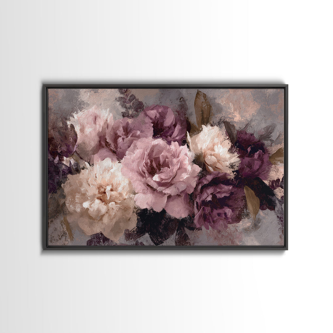 Monochrome Floral Bouquet Framed Canvas Print, Monochrome Art, Textured Wall Art, Living Room Decor, Mono, Wallpaper Mural, MON-3x2-46