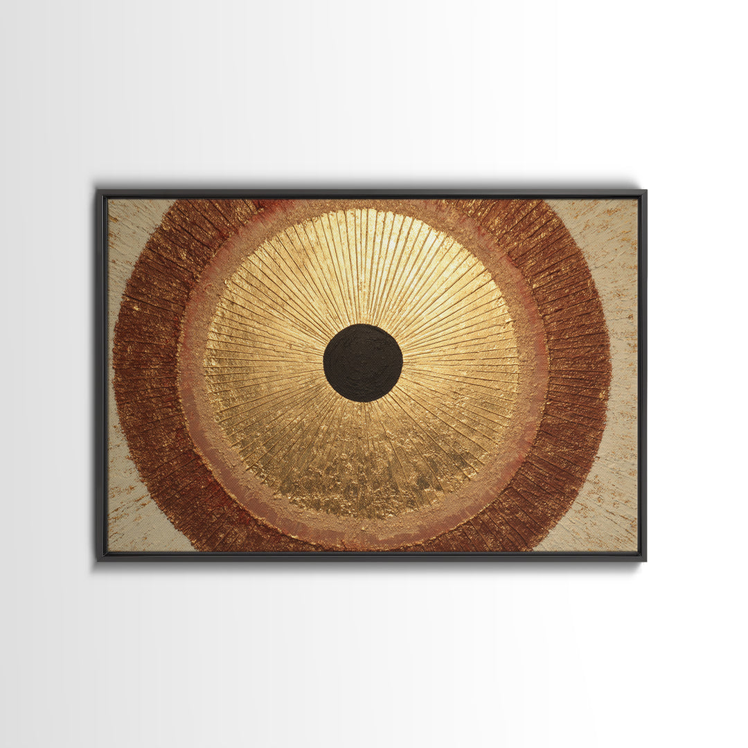 Gold Tonal Sunburst Medallion Framed Canvas Print, Monochrome Art, Dark Academia Decor, Living Room Decor, Fine Art, Mono, MON-3x2-90