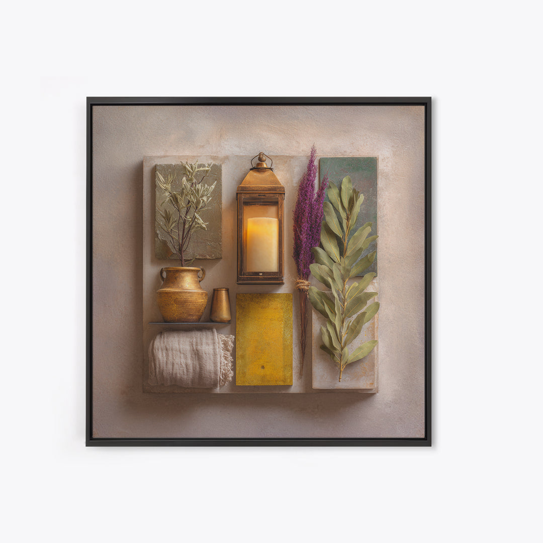 Brass Lantern Still Life Casting Lace Shadows Framed Canvas Print, Moroccan Art, Living Room Decor, Abstract Art, Marrakesh, MOR-1x1-33