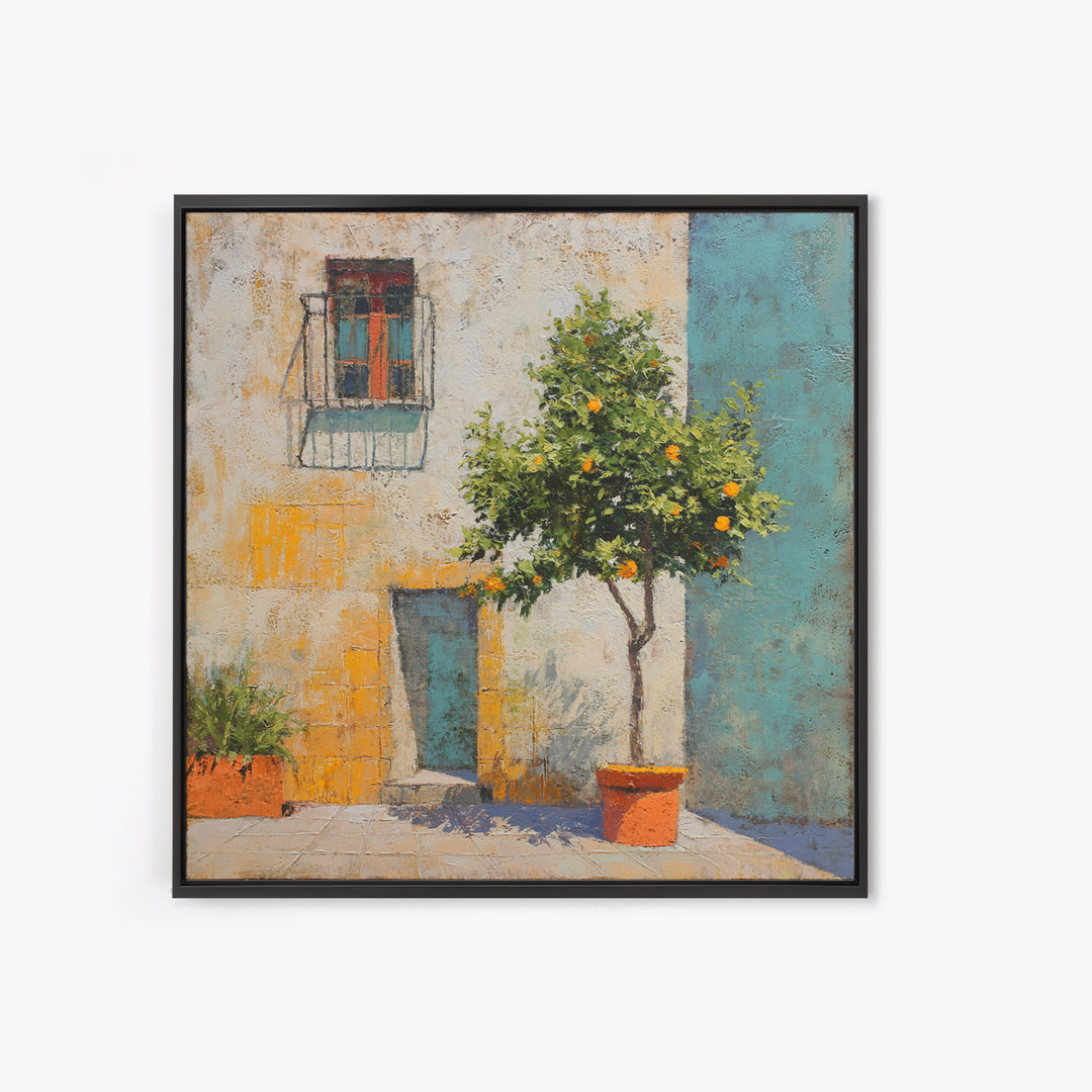Orange Tree in Tiled Courtyard Framed Canvas Print, Moroccan Art, Contemporary Art, Living Room Decor, Oil Painting, Marrakesh, MOR-1x1-37