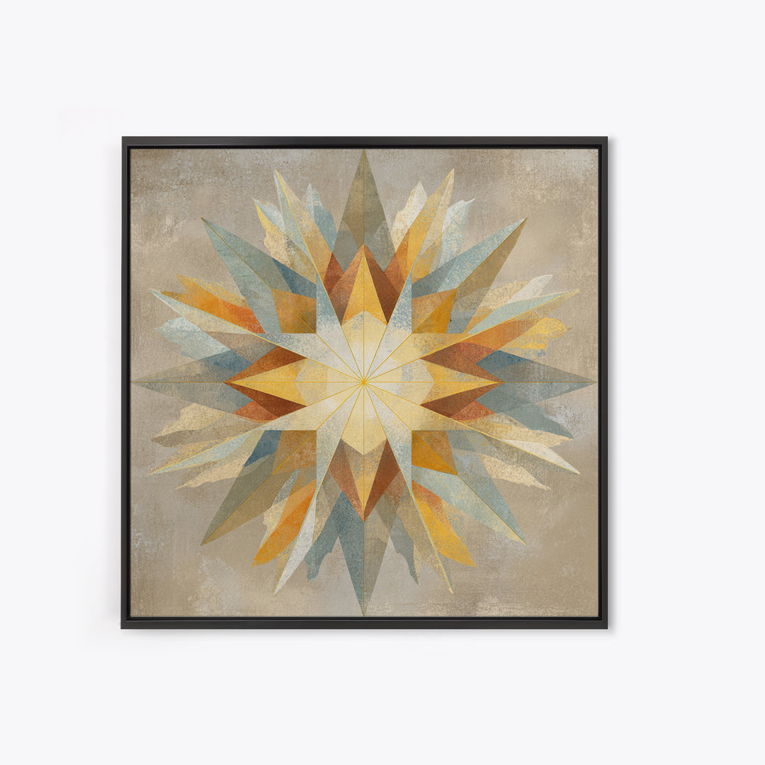 Gold Geometric Sunburst Framed Canvas Print, Moroccan Art, Living Room Decor, Oil Painting, Marrakesh 048, Set of Prints, MOR-1x1-48