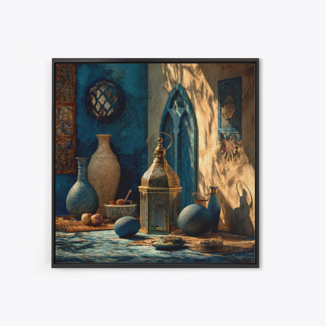 Brass Lantern Still Life Casting Lace Shadows Framed Canvas Print, Moroccan Art, Living Room Decor, Abstract Art, Marrakesh, MOR-1x1-57