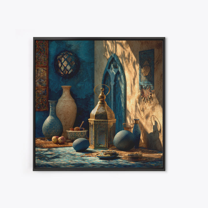 Brass Lantern Still Life Casting Lace Shadows Framed Canvas Print, Moroccan Art, Living Room Decor, Abstract Art, Marrakesh, MOR-1x1-57