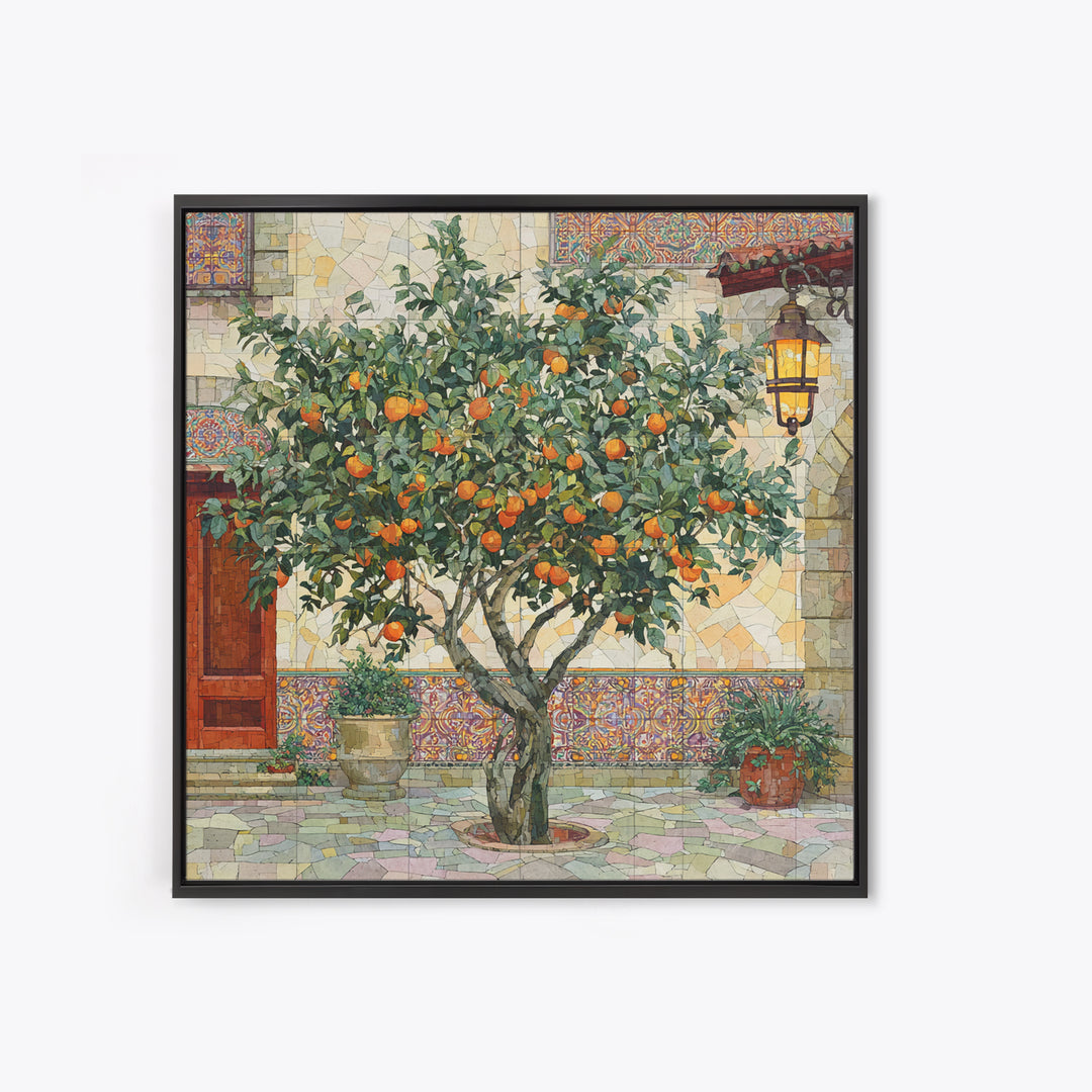 Orange Tree in Tiled Courtyard Framed Canvas Print, Moroccan Art, Contemporary Art, Living Room Decor, Oil Painting, Marrakesh, MOR-1x1-61