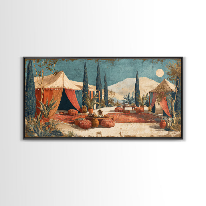 Desert Tent with Woven Rugs and Lanterns Framed Canvas Print, Moroccan Art, Art Prints, Living Room Decor, Fine Art, Marrakesh, MOR-2x1-10