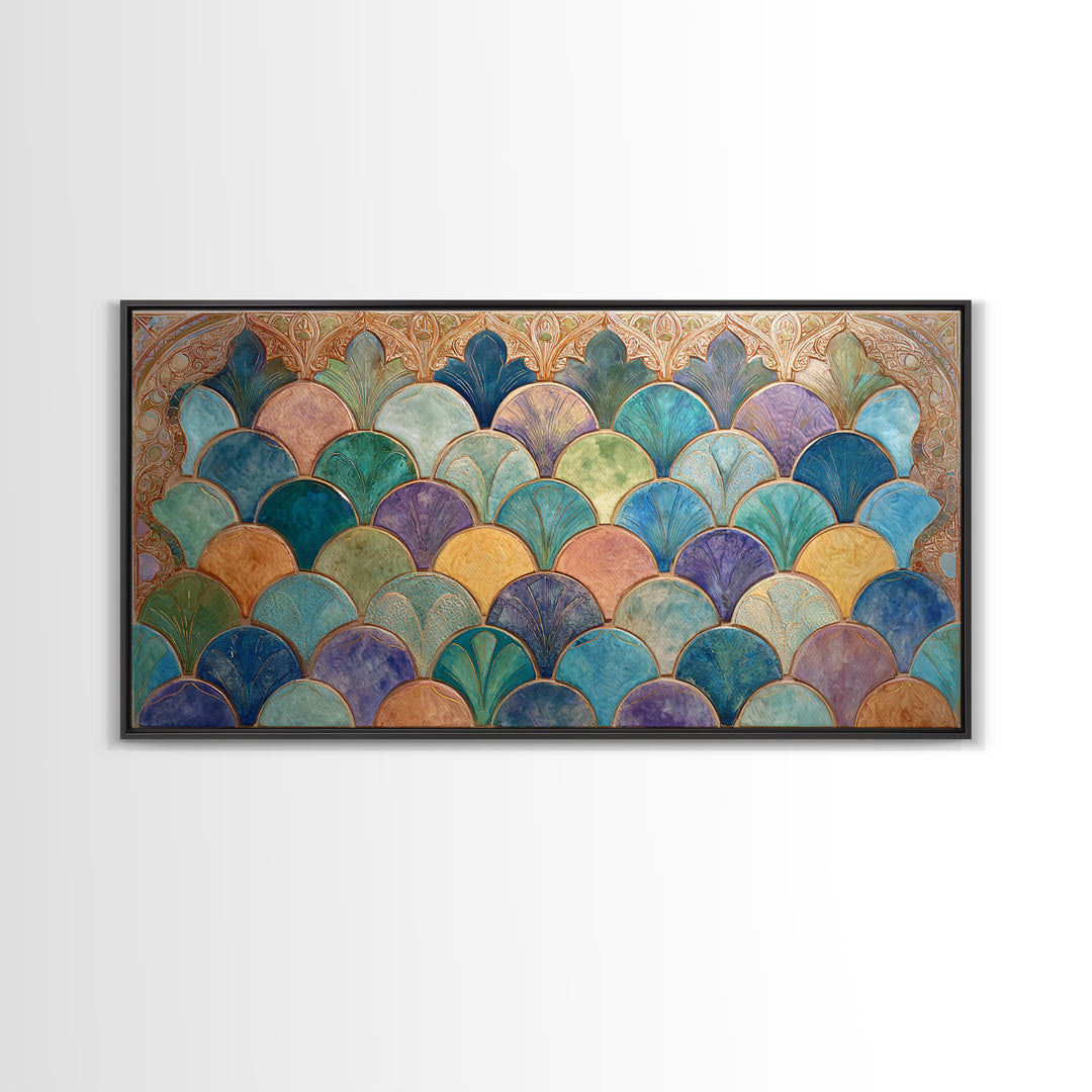 Turquoise Tile Fish Scale Pattern Canvas Print, Moroccan Art, Wall Art Print, Living Room Decor, Fine Art, Marrakesh, MOR-2x1-17
