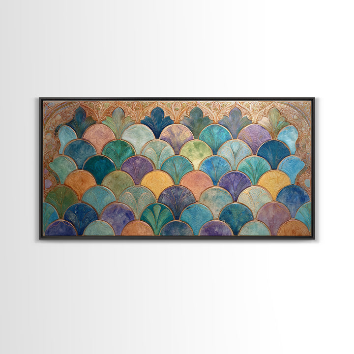 Turquoise Tile Fish Scale Pattern Canvas Print, Moroccan Art, Wall Art Print, Living Room Decor, Fine Art, Marrakesh, MOR-2x1-17