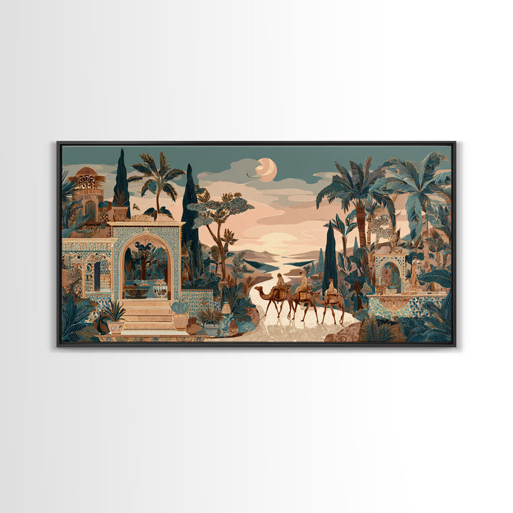 Desert Camel Caravan Framed Canvas Print, Moroccan Art, Boho Wall Art, Living Room Decor, Fine Art, Marrakesh, Map Wall Art, MOR-2x1-23