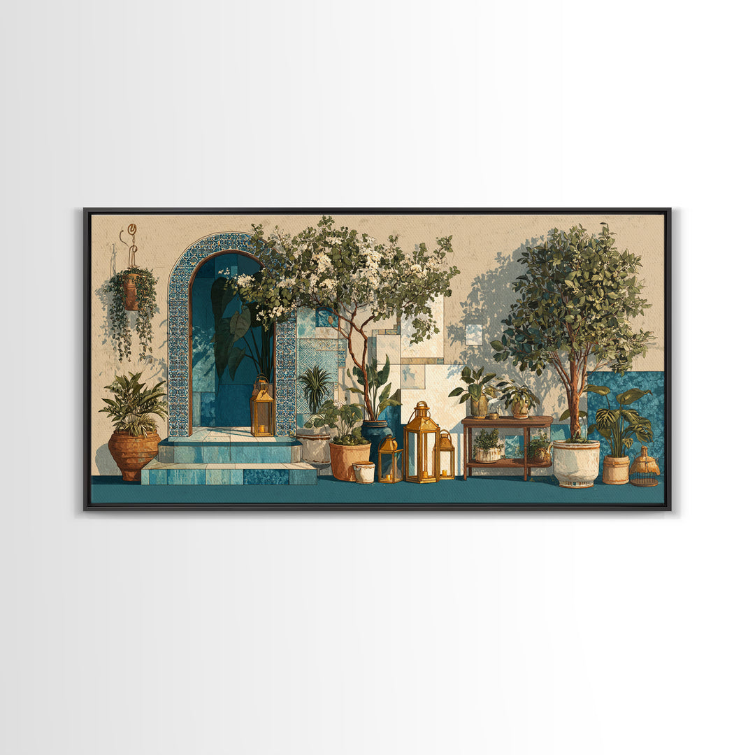 Brass Lantern Still Life Casting Lace Shadows Canvas Print, Moroccan Art, Boho Decor, Living Room Decor, Marrakesh, MOR-2x1-29