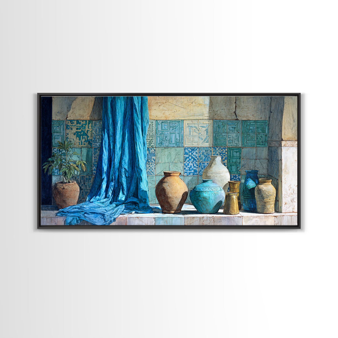 Tuareg Blue Scarf Portrait Framed Canvas Print, Moroccan Art, Contemporary Art, Living Room Decor, Fine Art, Marrakesh, MOR-2x1-38