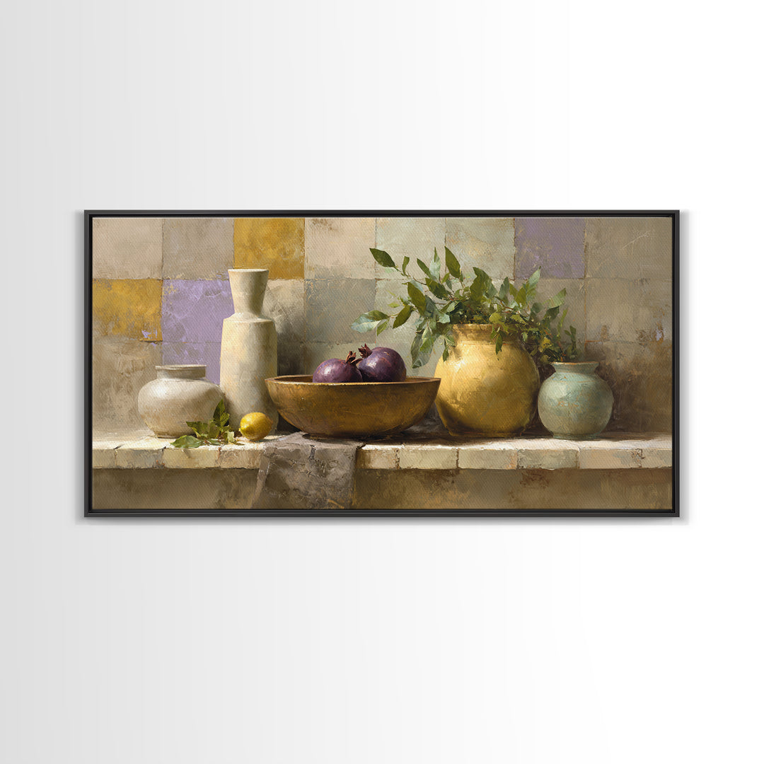 Pomegranate and Brass Bowl Still Life Framed Canvas Print, Moroccan Art, Wall Art, Living Room Decor, Fine Art, Marrakesh, MOR-2x1-42