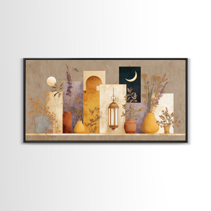 Camel Silhouette Beneath Crescent Moon Framed Canvas Print, Moroccan Art, African Art, Living Room Decor, Fine Art, Marrakesh, MOR-2x1-55