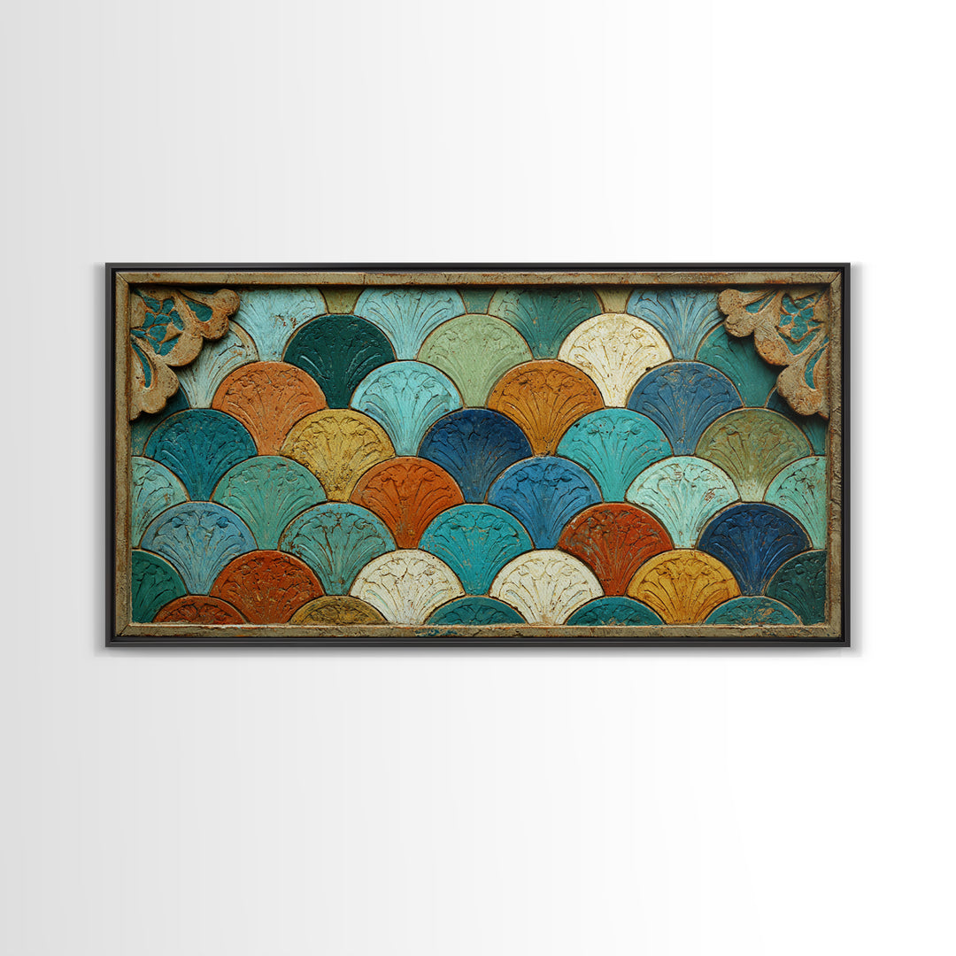 Turquoise Tile Fish Scale Pattern Framed Canvas Print, Moroccan Art, Living Room Rug, Living Room Decor, Abstract Art, MOR-2x1-65