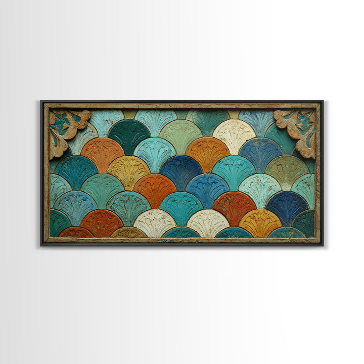 Turquoise Tile Fish Scale Pattern Framed Canvas Print, Moroccan Art, Living Room Rug, Living Room Decor, Abstract Art, MOR-2x1-65