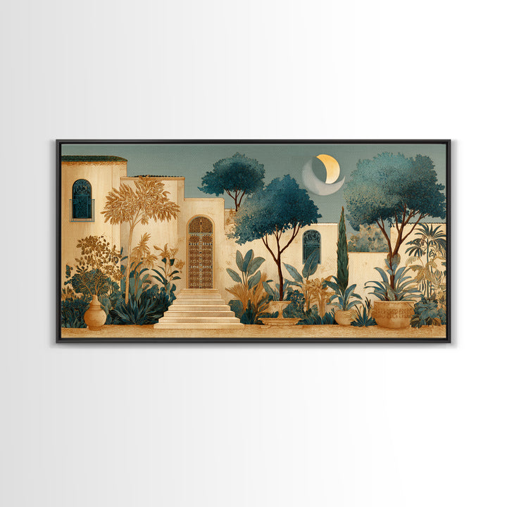 Camel Silhouette Beneath Crescent Moon Framed Canvas Print, Moroccan Art, Printable Wall Art, Living Room Decor, Marrakesh, MOR-2x1-7