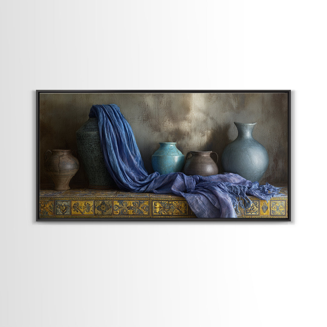 Tuareg Blue Scarf Portrait Framed Canvas Print, Moroccan Art, Living Room Decor, Marrakesh, Travel Poster, Map Wall Art, MOR-2x1-86
