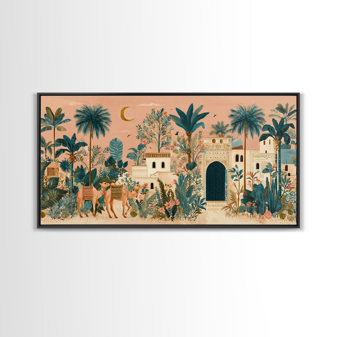 Desert Camel Caravan Framed Canvas Print, Moroccan Art, Statement Artwork, Living Room Decor, Oil Painting, Marrakesh, MOR-2x1-95