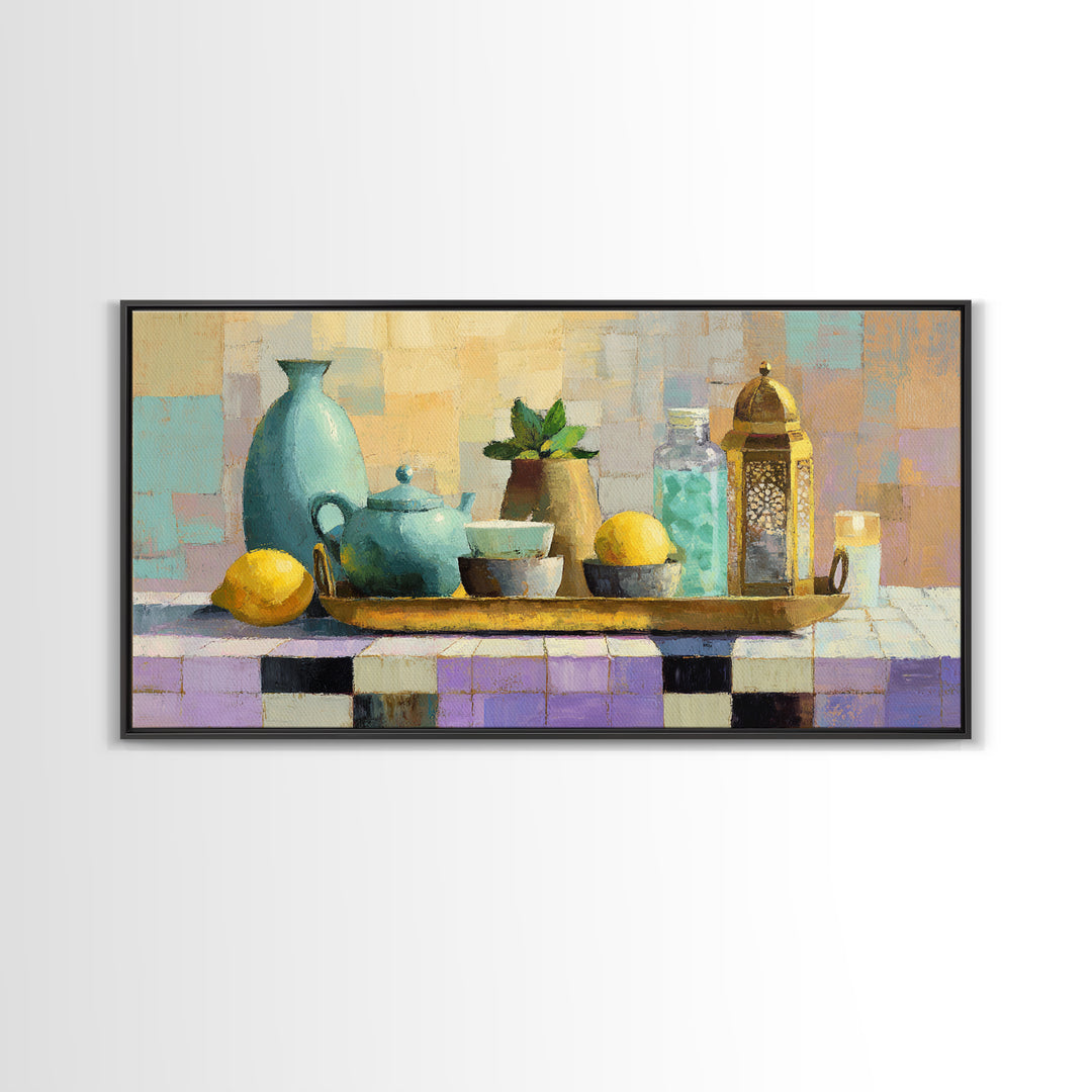 Moroccan Tea Set Framed Canvas Print, Moroccan Art, Gallery Wall Set, Living Room Decor, Oil Painting, Marrakesh, MOR-2x1-96