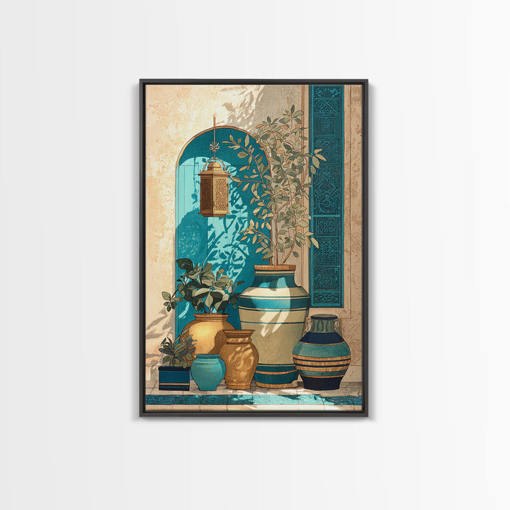 Brass Lantern Still Life Casting Lace Shadows Framed Canvas Print, Moroccan Art, African Art, Living Room Decor, Abstract Art, MOR-2x3-17