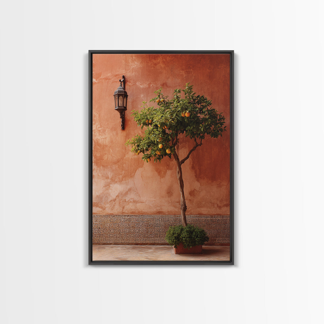 Orange Tree in Tiled Courtyard Framed Canvas Print, Moroccan Art, Modern Wall Art, Living Room Decor, Oil Painting, Marrakesh, MOR-2x3-21