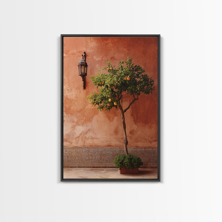 Orange Tree in Tiled Courtyard Framed Canvas Print, Moroccan Art, Modern Wall Art, Living Room Decor, Oil Painting, Marrakesh, MOR-2x3-21