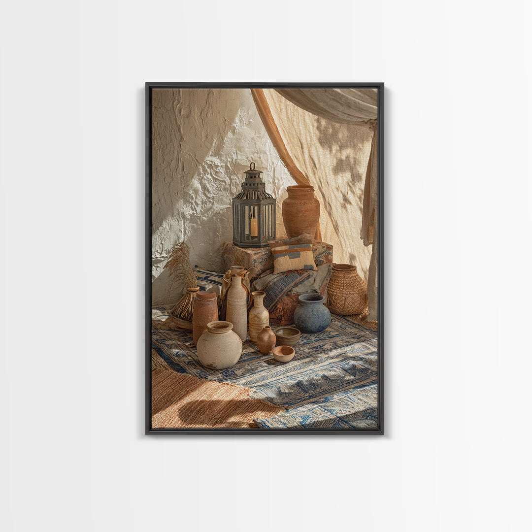 Desert Tent with Woven Rugs and Lanterns Framed Canvas Print, Moroccan Art, Printable Wall Art, Living Room Decor, Marrakesh, MOR-2x3-22