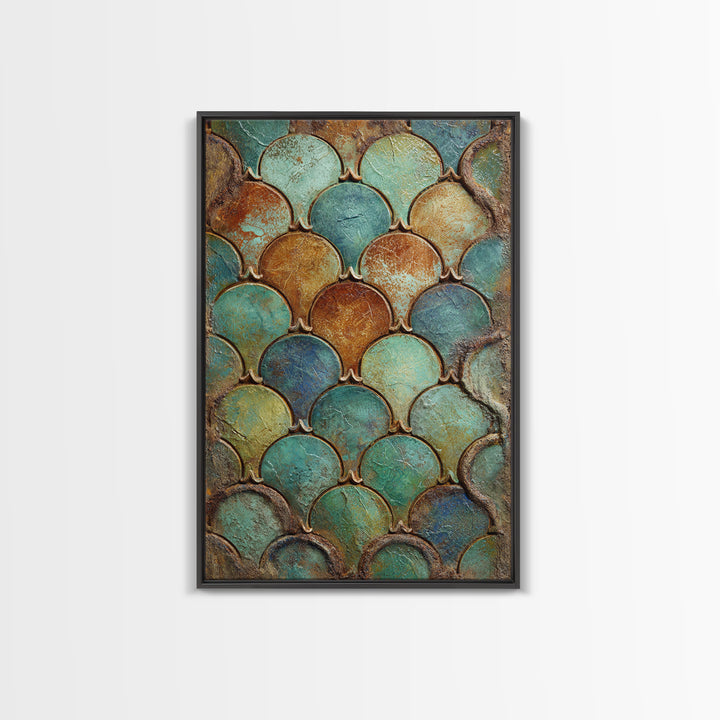 Turquoise Tile Fish Scale Pattern Framed Canvas Print, Moroccan Art, Gallery Wall Set, Living Room Decor, Oil Painting, MOR-2x3-53