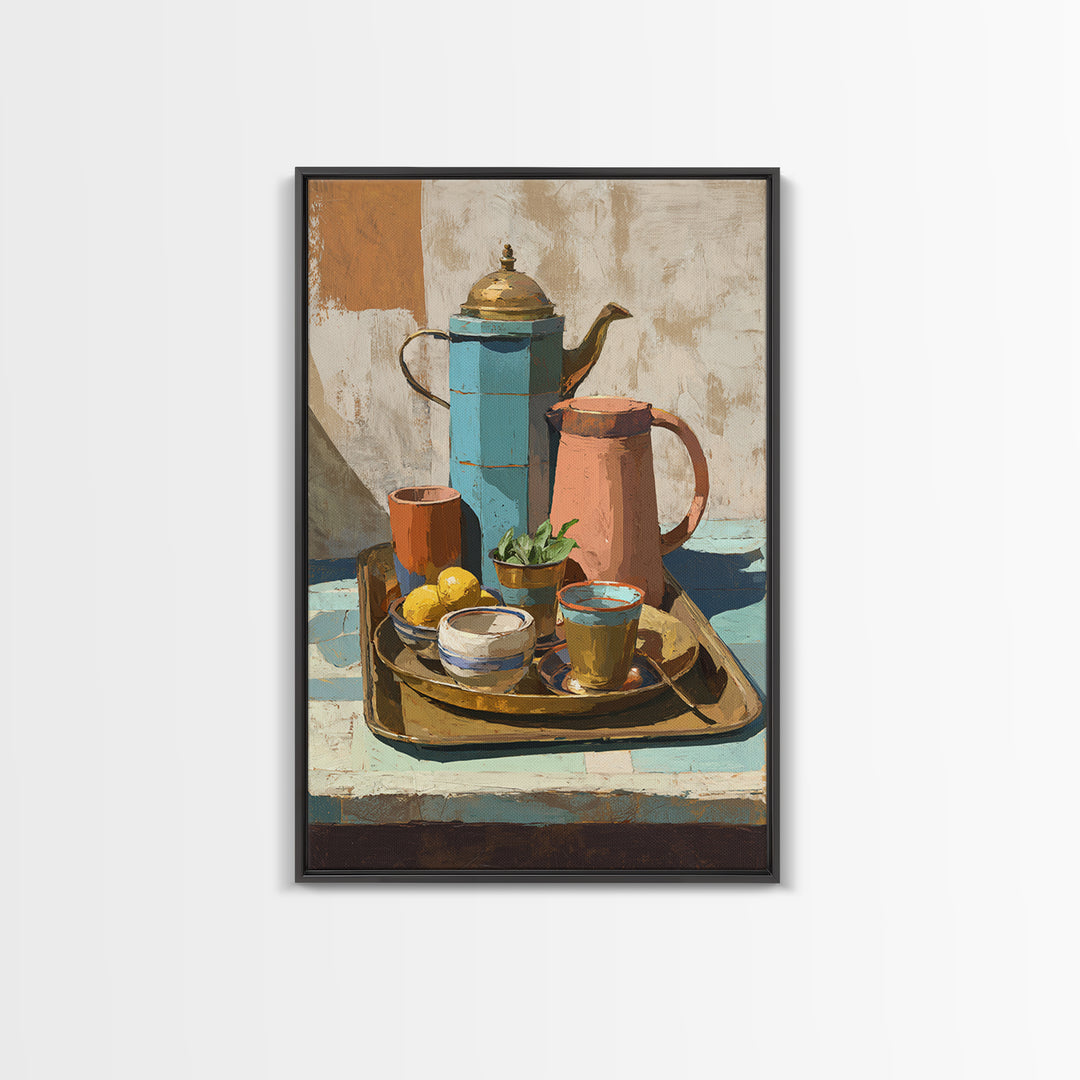 Moroccan Tea Set Framed Canvas Print, Moroccan Art, African Art, Living Room Decor, Fine Art, Marrakesh, Neutral Decor, MOR-2x3-60