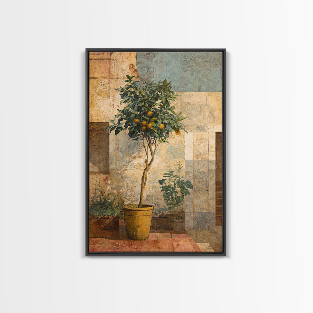 Orange Tree in Tiled Courtyard Framed Canvas Print, Moroccan Art, Neutral Wall Art, Living Room Decor, Fine Art, Marrakesh, MOR-2x3-69
