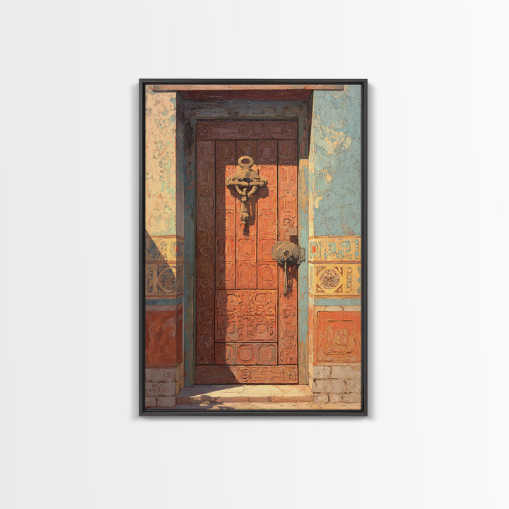 Patterned Door Hardware and Carved Wood Detail Framed Canvas Print, Moroccan Art, Modern Rug, Living Room Decor, Marrakesh, MOR-2x3-75