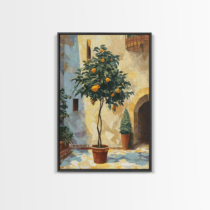 Orange Tree in Tiled Courtyard Framed Canvas Print, Moroccan Art, Neutral Wall Art, Living Room Decor, Fine Art, Marrakesh, MOR-2x3-93