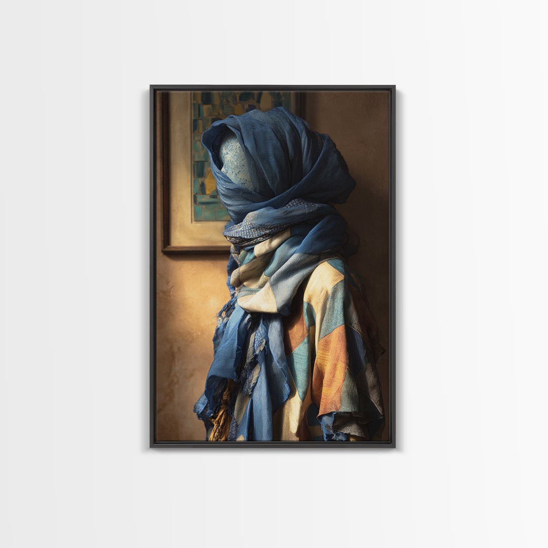 Tuareg Blue Scarf Portrait Framed Canvas Print, Moroccan Art, Modern Wall Art, Living Room Decor, Fine Art, Marrakesh, MOR-2x3-98