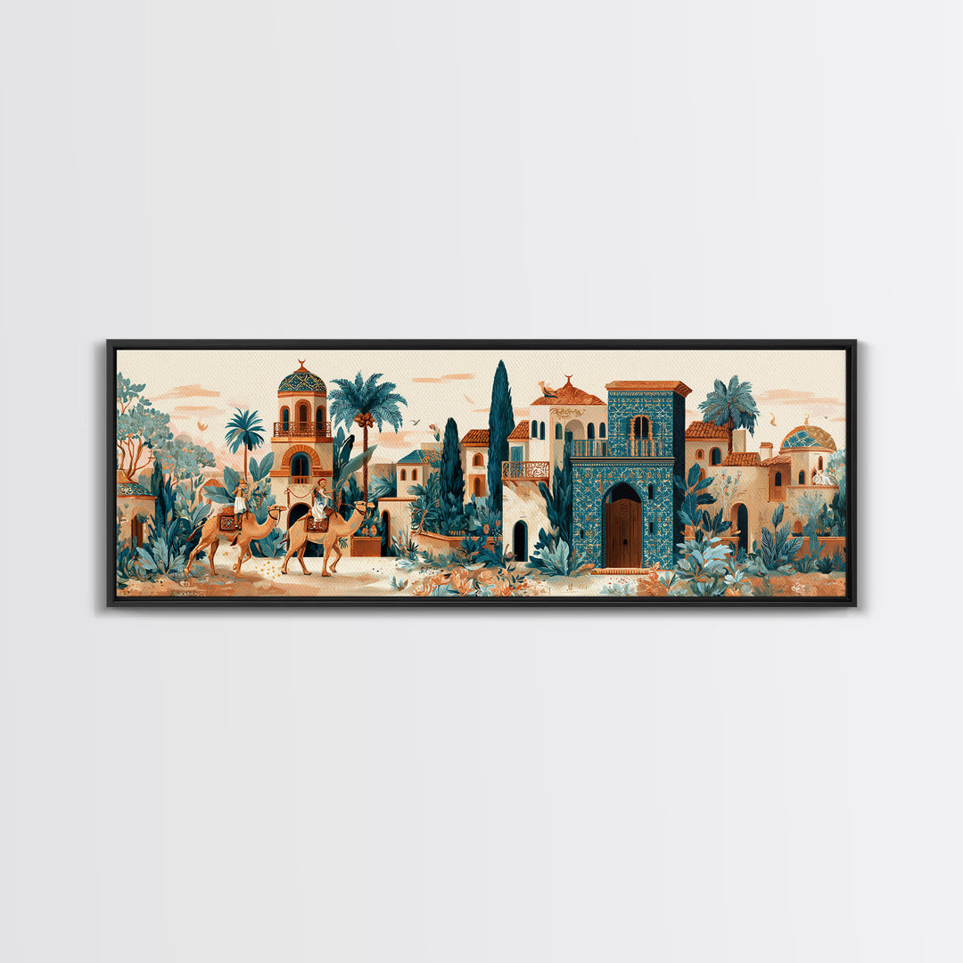Desert Camel Caravan Framed Canvas Print, Moroccan Art, Boho Decor, Living Room Decor, Fine Art, Marrakesh, Ramadan Decor, MOR-3x1-67