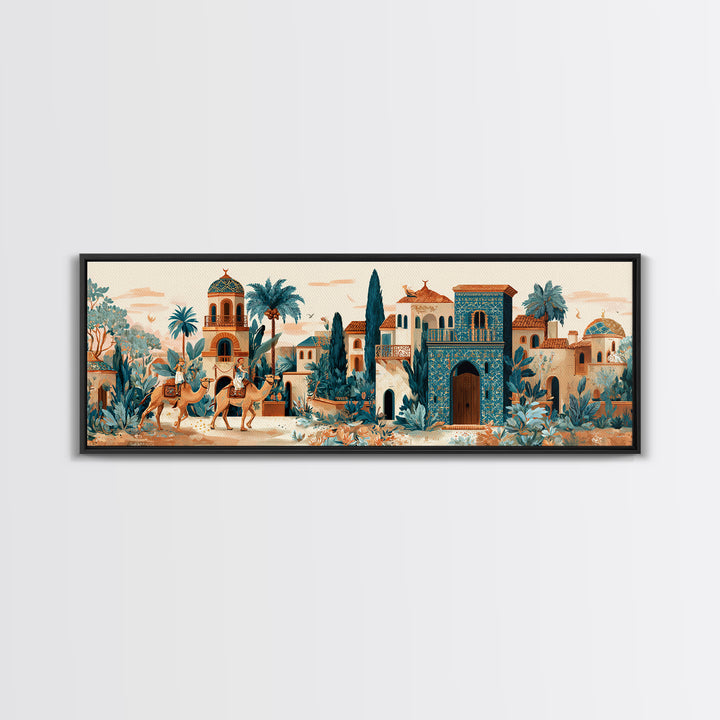 Desert Camel Caravan Framed Canvas Print, Moroccan Art, Boho Decor, Living Room Decor, Fine Art, Marrakesh, Ramadan Decor, MOR-3x1-67