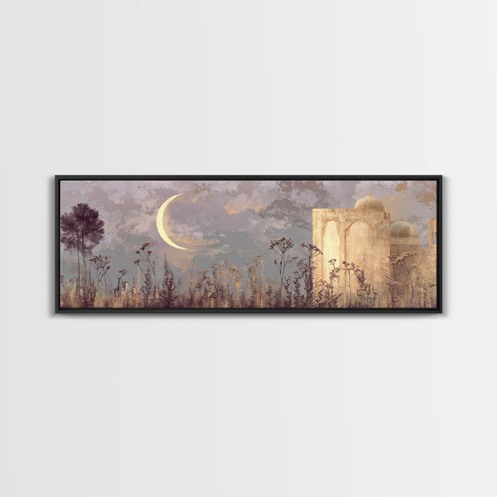 Camel Silhouette Beneath Crescent Moon Framed Canvas Print, Moroccan Art, Living Room Rug, Living Room Decor, Marrakesh, MOR-3x1-99