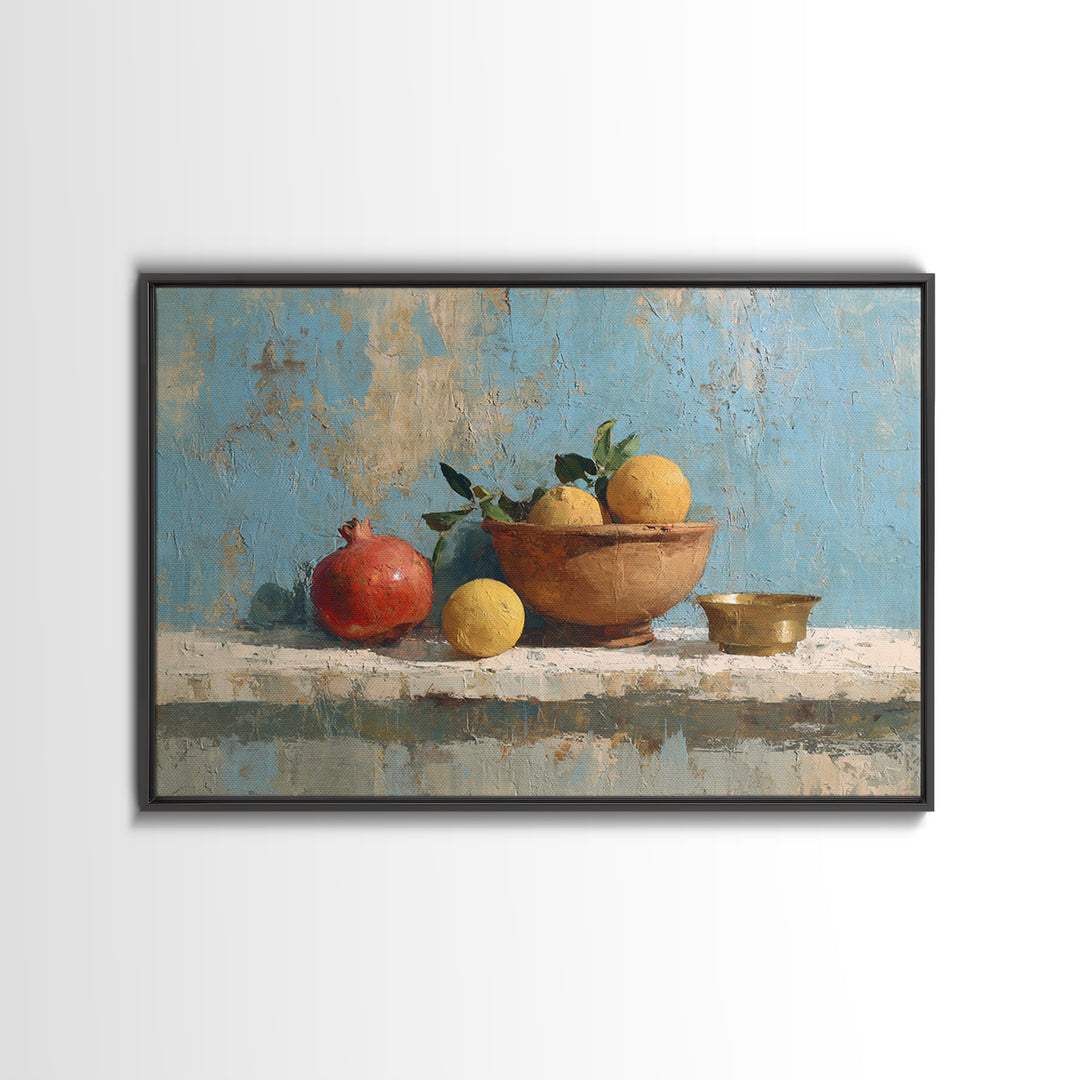 Pomegranate and Brass Bowl Still Life Framed Canvas Print, Moroccan Art, Moroccan Decor, Living Room Decor, Oil Painting, MOR-3x2-50