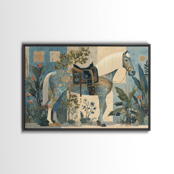 Ornate Horse with Decorative Saddle Canvas Print, Moroccan Art, Digital Art, Living Room Decor, Marrakesh, Living Room Rug, MOR-3x2-51