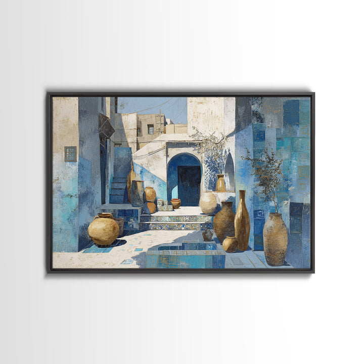 Blue City Alley Rendered as Painterly Shapes Canvas Print, Moroccan Art, Travel Wall Art, Living Room Decor, Abstract Art, MOR-3x2-58