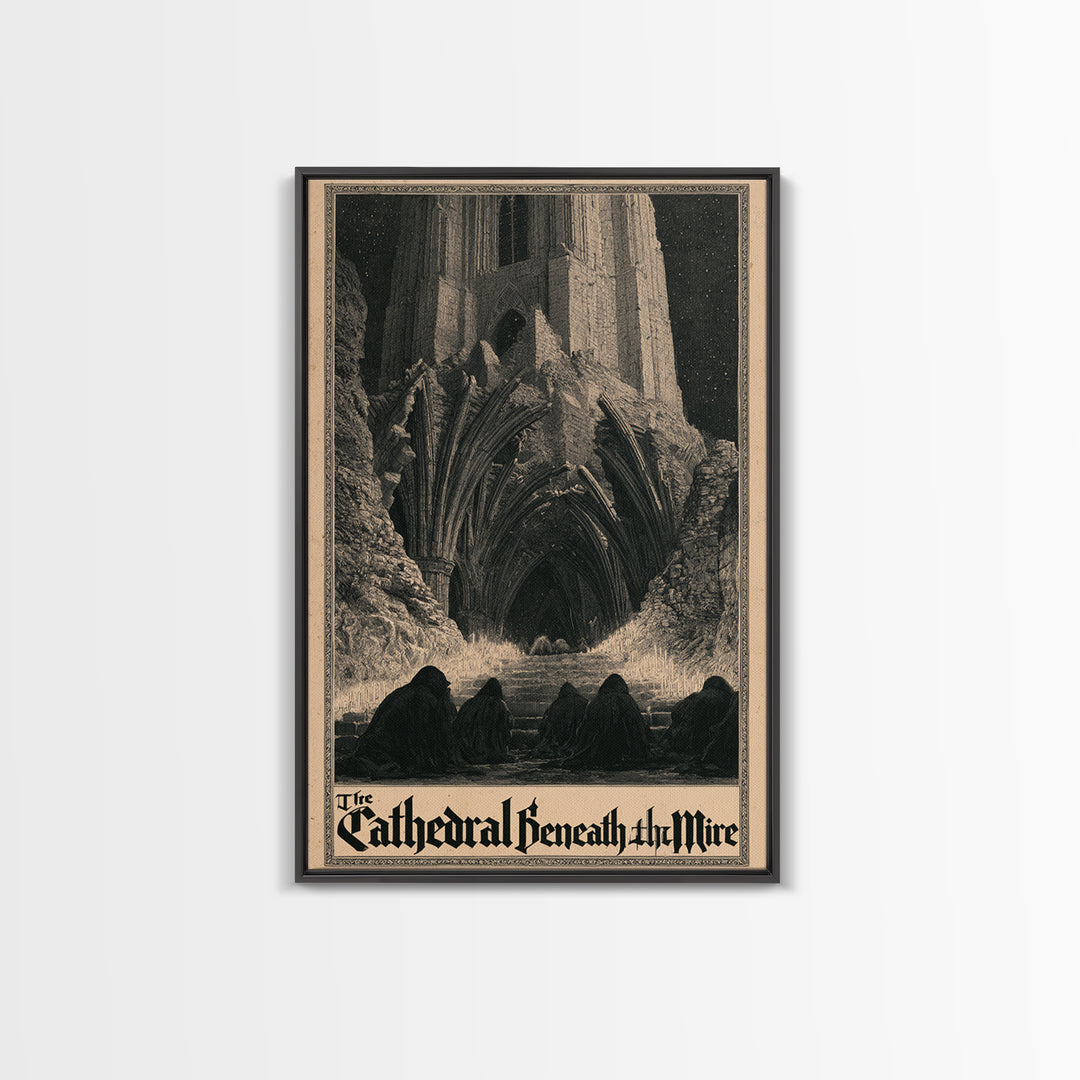The Cathedral Beneath The Mire, English Language Horror Movie Poster, Gothic Engraving Art, Retro Horror Movie Art, Canvas Print