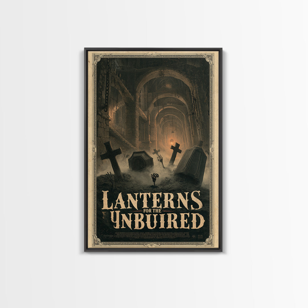Lanterns For The Unburied, English Language Horror Movie Poster, Architectural Etching Art, Retro Horror Movie Art