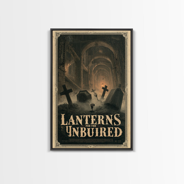 Lanterns For The Unburied, English Language Horror Movie Poster, Architectural Etching Art, Retro Horror Movie Art