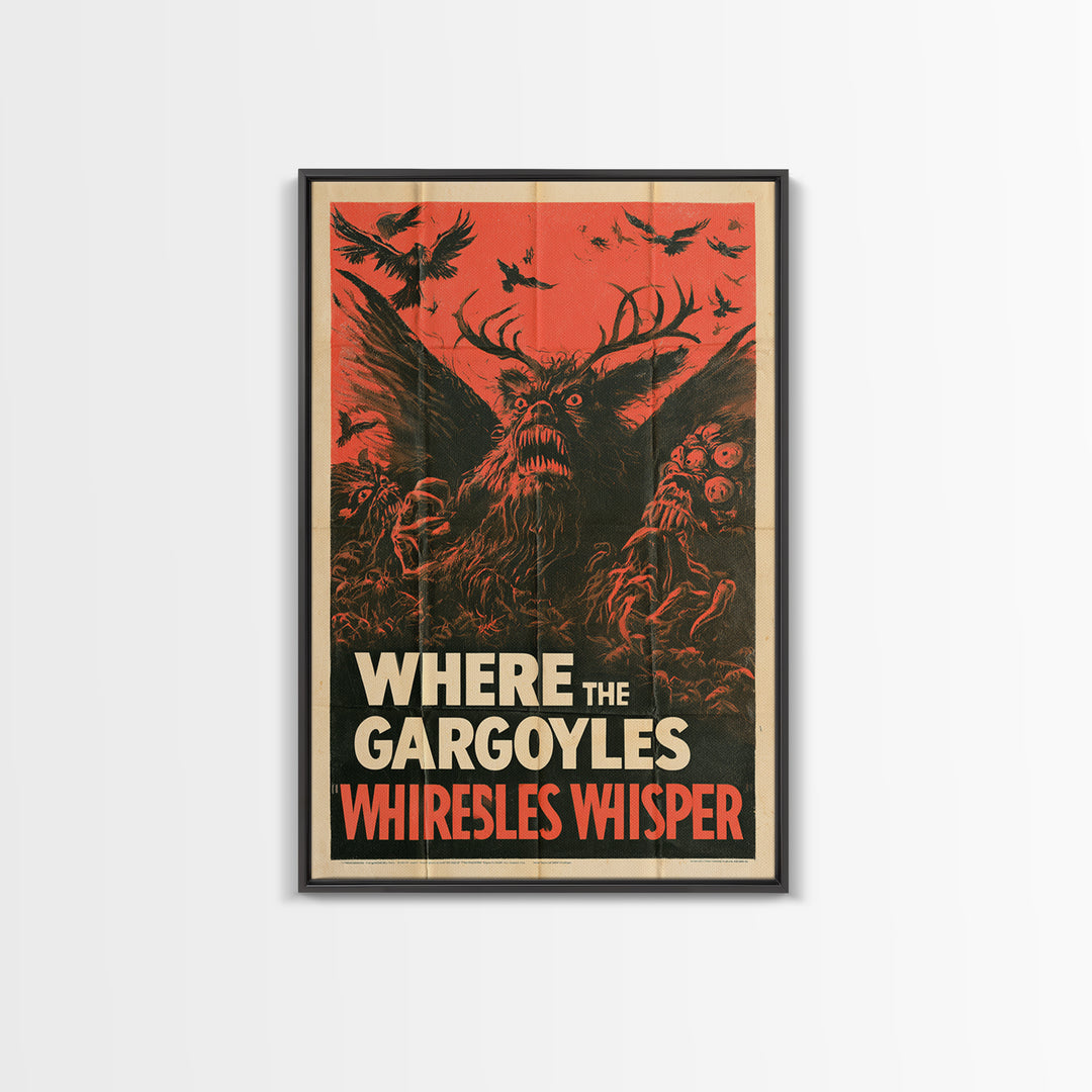 Where The Gargoyles Whisper, English Language Horror Movie Poster, 1950s Creature-Feature One-Sheet Inspired Art, Cult Horror Poster